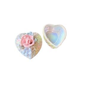 VINTAGE HEART SHAPED  IRIDESCENT FLORAL PORCELAIN TRINKET BOX